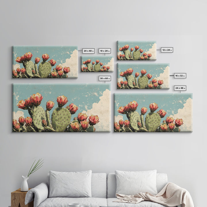 Blooming Prickly Pear Cactus Wall Art, Desert Botanical Canvas Decor, Southwestern Floral Print For Bedroom Or Living Room