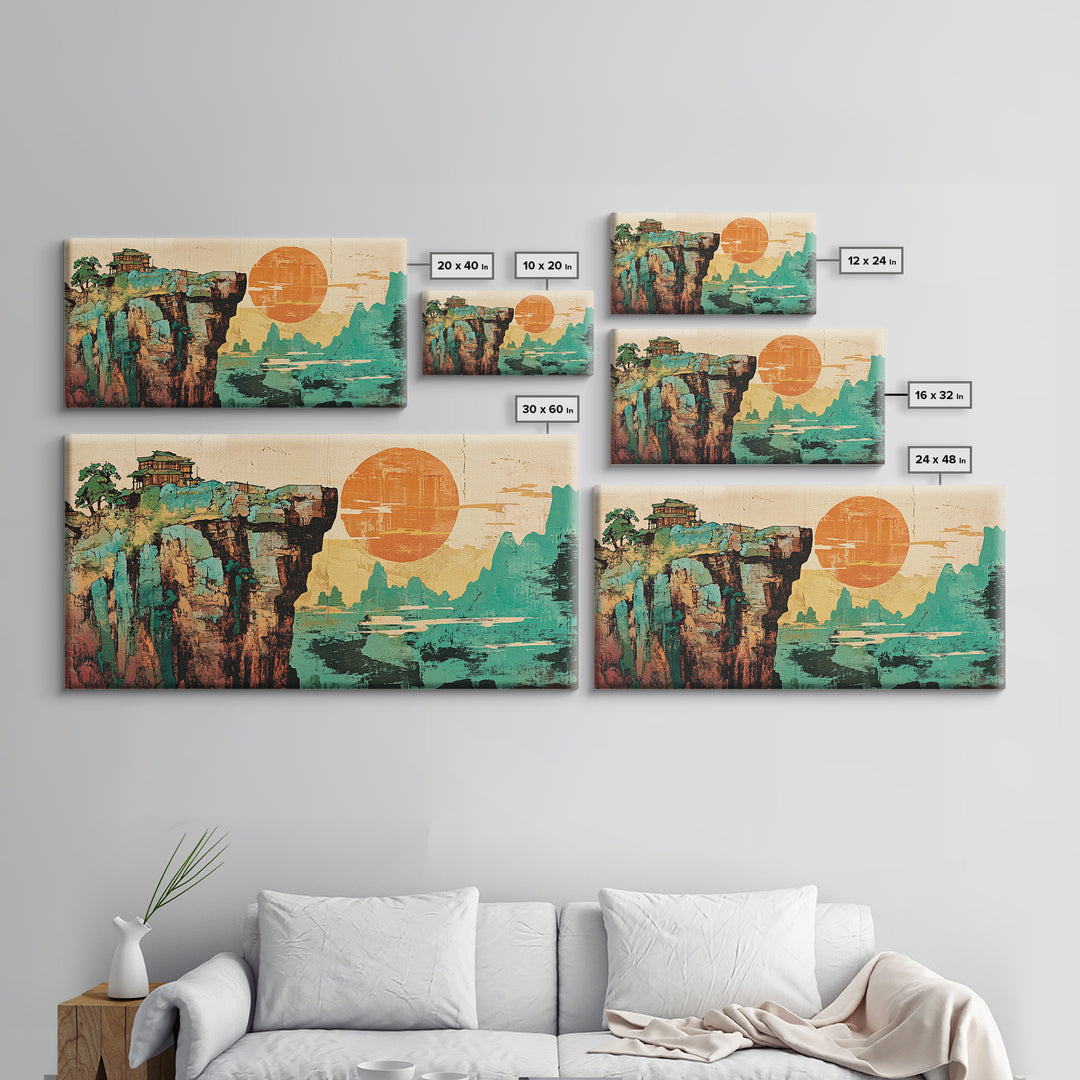 Cliffside Temple And Orange Sun Framed Canvas Print, Asian Landscape Wall Art, Japandi Home Decor For Modern Living Room