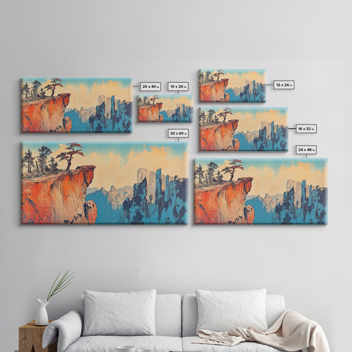 Red Canyon Cliff With Windswept Pines Canvas Print, Asian Mountain Landscape Wall Art, Large Japandi Home Decor For Living Room
