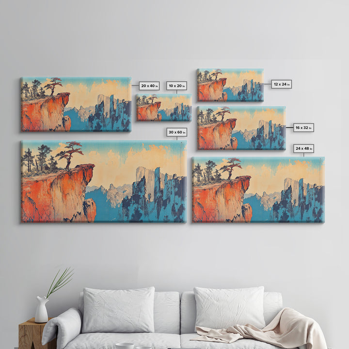 Red Canyon Cliff With Windswept Pines Canvas Print, Asian Mountain Landscape Wall Art, Large Japandi Home Decor For Living Room