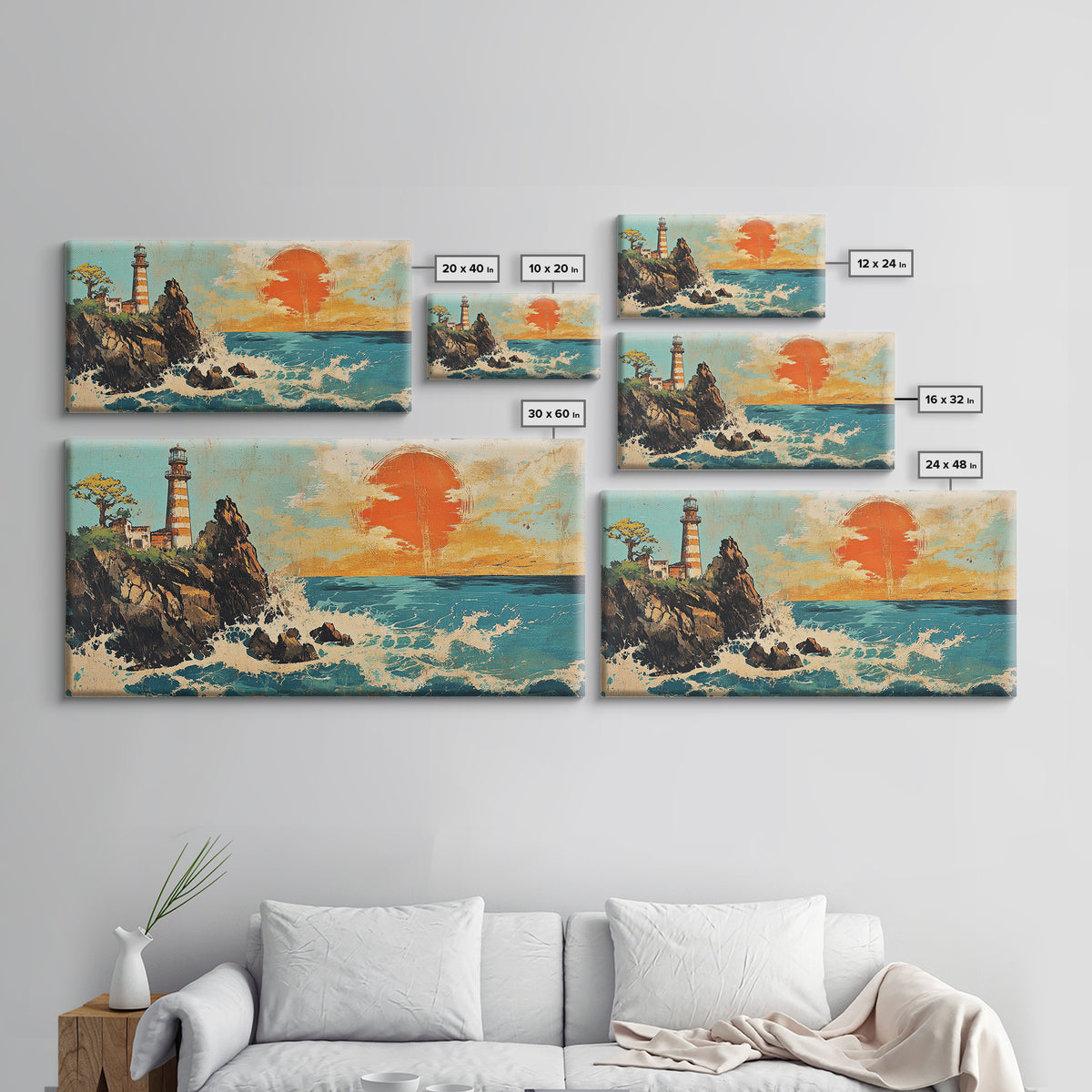 Rocky Lighthouse At Orange Ocean Sunset Framed Canvas Print, Nautical Coastal Wall Art, Beach House Decor Gift For Living Room