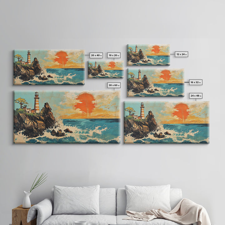 Rocky Lighthouse At Orange Ocean Sunset Framed Canvas Print, Nautical Coastal Wall Art, Beach House Decor Gift For Living Room