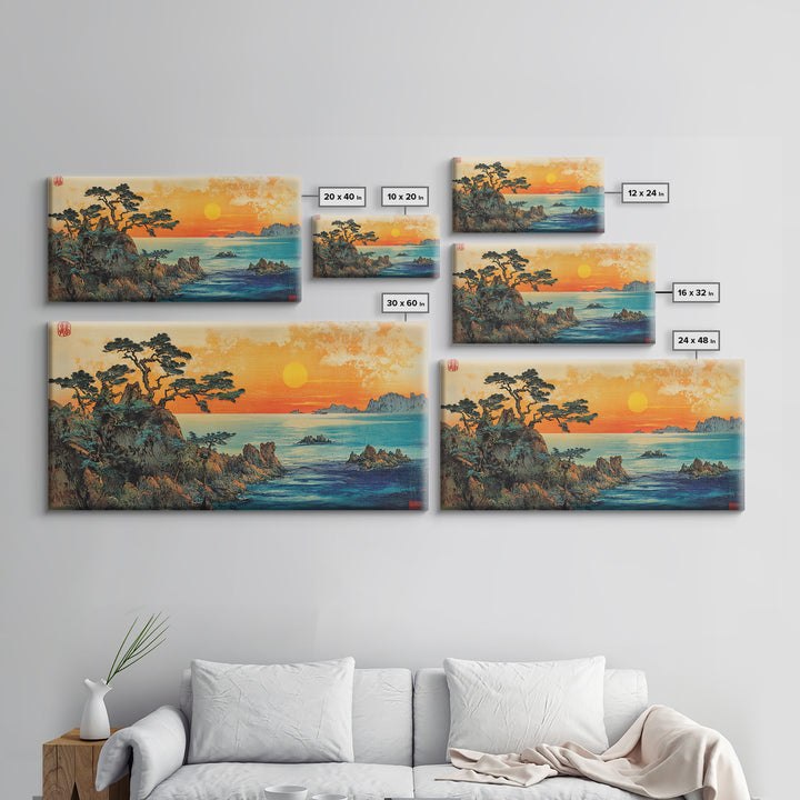 Golden Sunset Over Pine Covered Rocky Coast Canvas Print, Coastal Landscape Wall Art, Serene Beach House Decor For Living Room