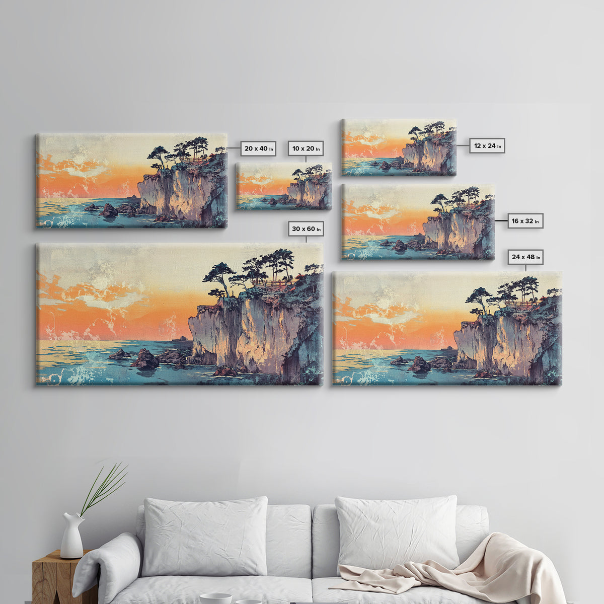 Sunset Sea Cliffs With Windswept Pines Wall Art, Coastal Canvas Print, Ocean Landscape Home Decor For Modern Living Room