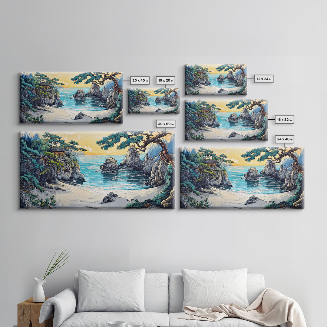 Secluded Turquoise Cove With Cliffside Temple Framed Canvas Print, Japanese Coastal Wall Art, Japandi Home Decor For Living Room