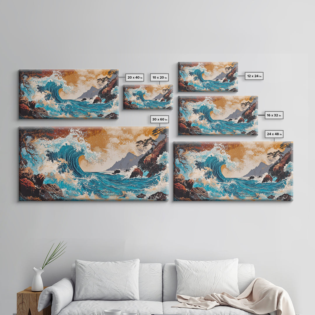 Crashing Turquoise Wave Between Rocky Cliffs Canvas Print, Japanese Ocean Wall Art, Dramatic Coastal Home Decor For Living Room