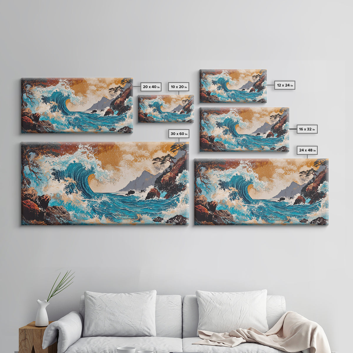Crashing Turquoise Wave Between Rocky Cliffs Canvas Print, Japanese Ocean Wall Art, Dramatic Coastal Home Decor For Living Room