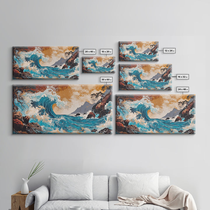 Crashing Turquoise Wave Between Rocky Cliffs Canvas Print, Japanese Ocean Wall Art, Dramatic Coastal Home Decor For Living Room