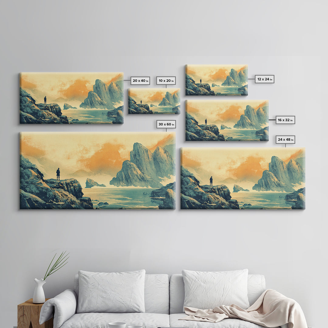 Lone Traveler Over Misty Mountain Lake Framed Canvas Print, Asian Landscape Wall Art, Calming Japandi Home Decor For Living Room