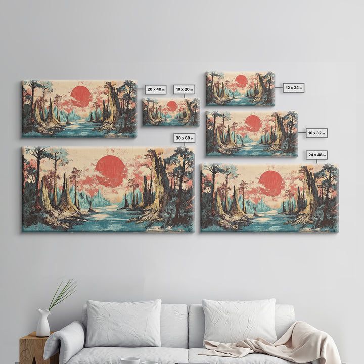 Cypress Swamp River At Red Sun Sunset Canvas Print, Bayou Landscape Wall Decor, Rustic Nature Art, Living Room Decor, Housewarming Gift