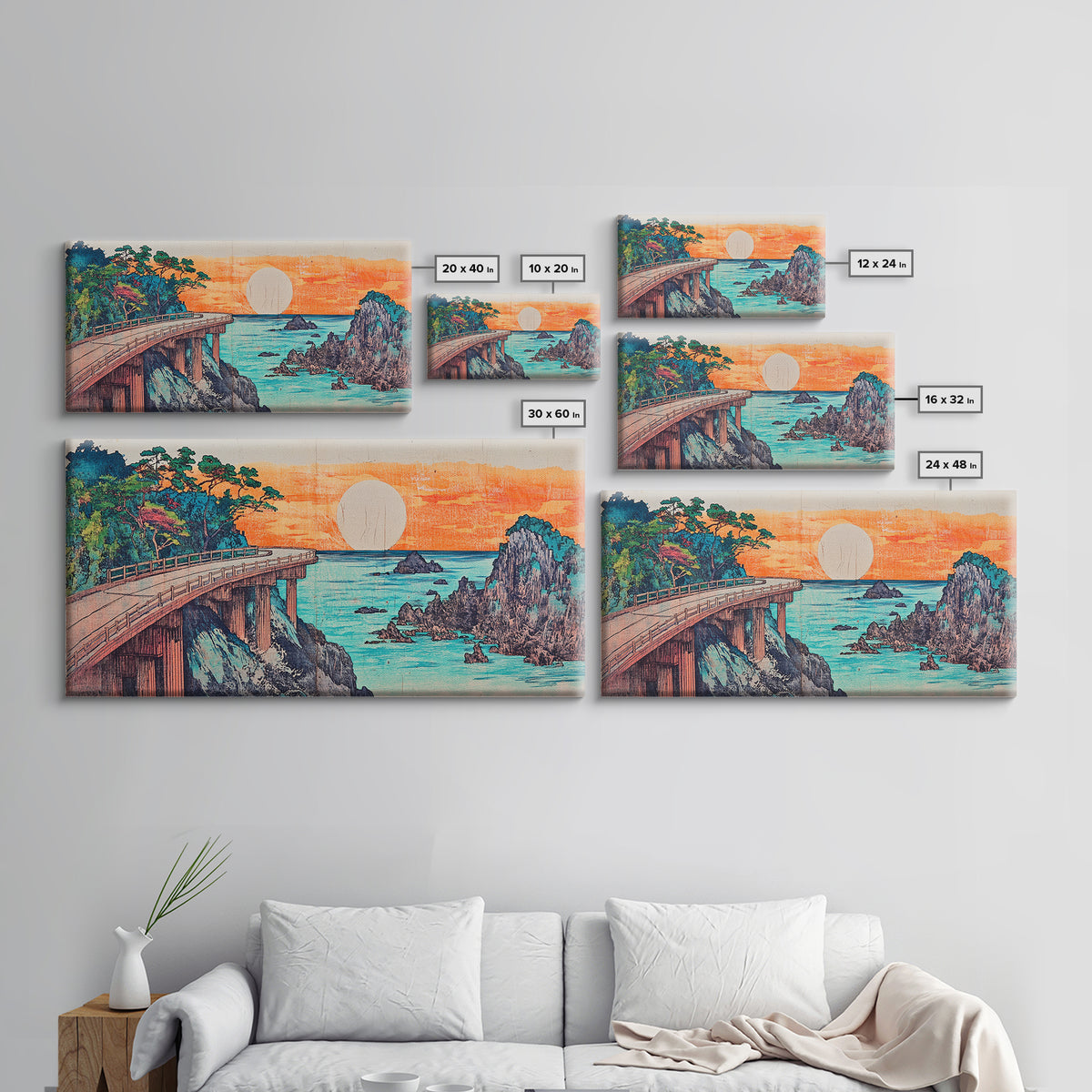 Retro Coastal Bridge Over Turquoise Sea Framed Canvas Print, Japanese Landscape Art, Beach House Decor, Large Wall Art, Art Print