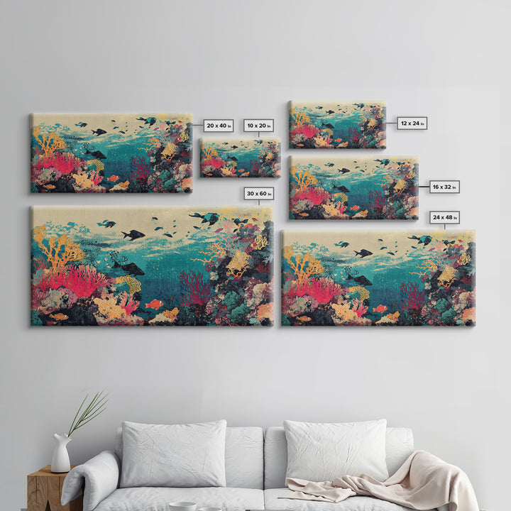 Vibrant Coral Reef Fish And Sharks Wall Art, Coastal Ocean Canvas Decor, Tropical Sea Life Print, Beach House Gift, Living Room Decor