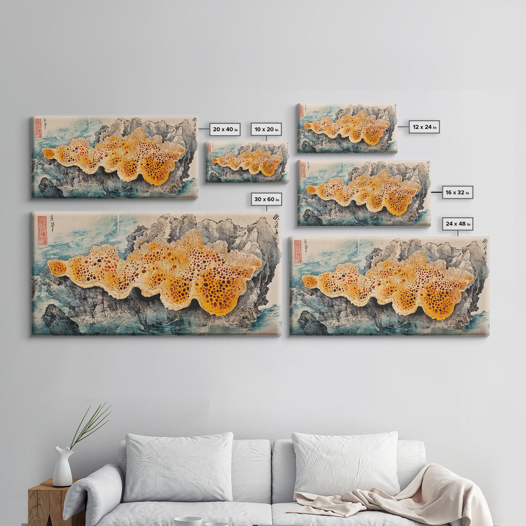 Orange Sea Sponge On Rock Wall Art, Japanese Coastal Print, Ocean Life Decor, Textured Marine Canvas, Beach House Gift, Wall Decor