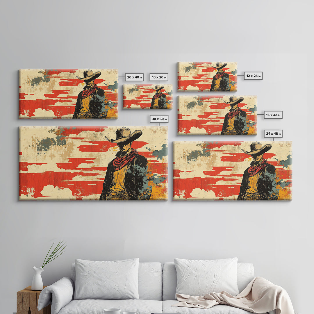 Lone Cowboy Under Red Sky Wall Art, Western Canvas Print, Rustic Ranch Decor, Masculine Office Art, Gift For Him, Cowboy Wall Decor