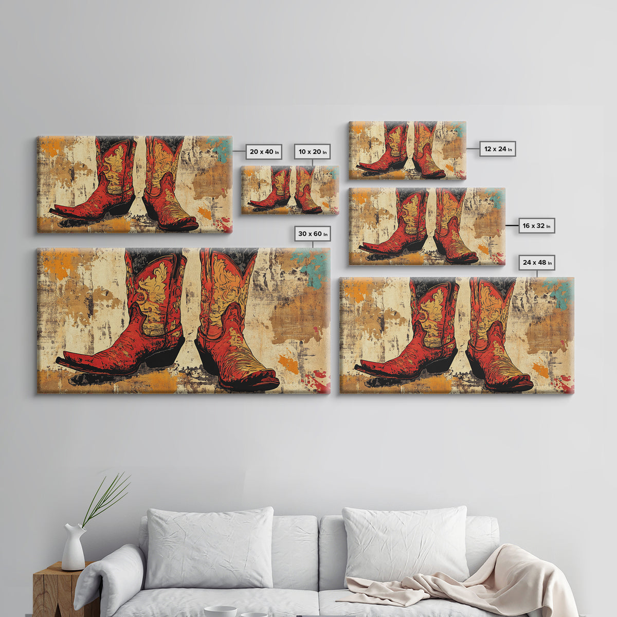 Red Embroidered Cowboy Boots Wall Art, Western Canvas Print, Cowgirl Decor, Rustic Farmhouse Gift, Statement Western Decor
