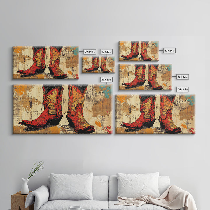 Red Embroidered Cowboy Boots Wall Art, Western Canvas Print, Cowgirl Decor, Rustic Farmhouse Gift, Statement Western Decor