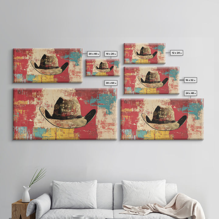Distressed Cowboy Hat On Red Turquoise Wall Art, Western Canvas Print, Rustic Ranch Decor, Man Cave Gift, Modern Decor Print