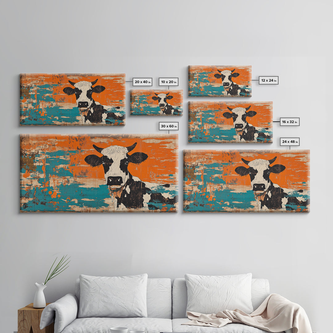 Black And White Cow On Orange Teal Rustic Canvas Print, Farmhouse Wall Art, Kitchen Decor, Country Home Decor Gift For Farmhouse Style