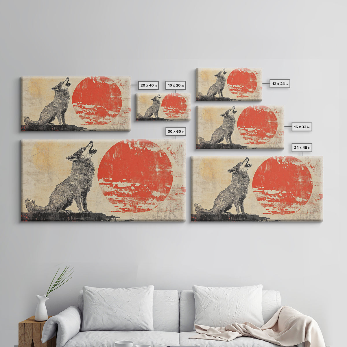 Howling Wolf With Red Sun Framed Canvas Print, Rustic Wildlife Wall Art, Southwestern Decor, Nature Gift For Him, Cabin Home Decor