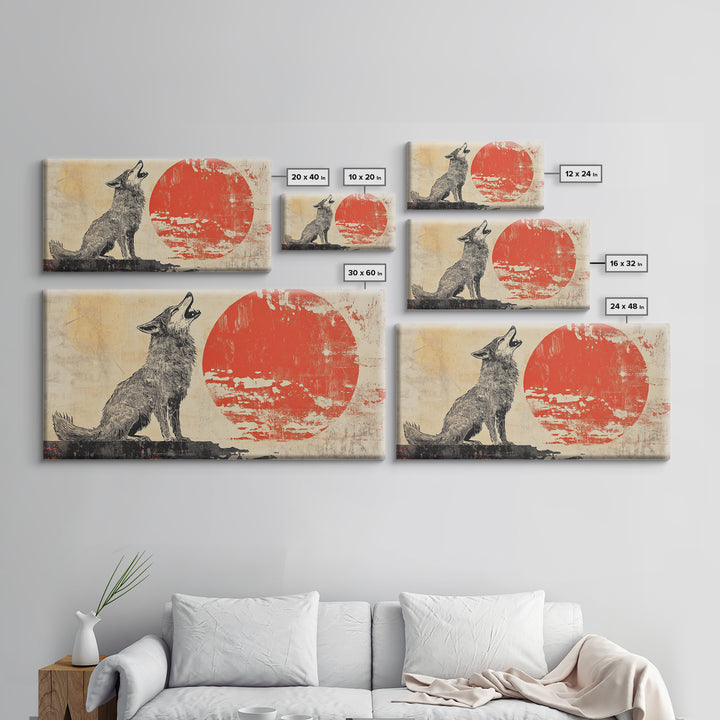 Howling Wolf With Red Sun Framed Canvas Print, Rustic Wildlife Wall Art, Southwestern Decor, Nature Gift For Him, Cabin Home Decor