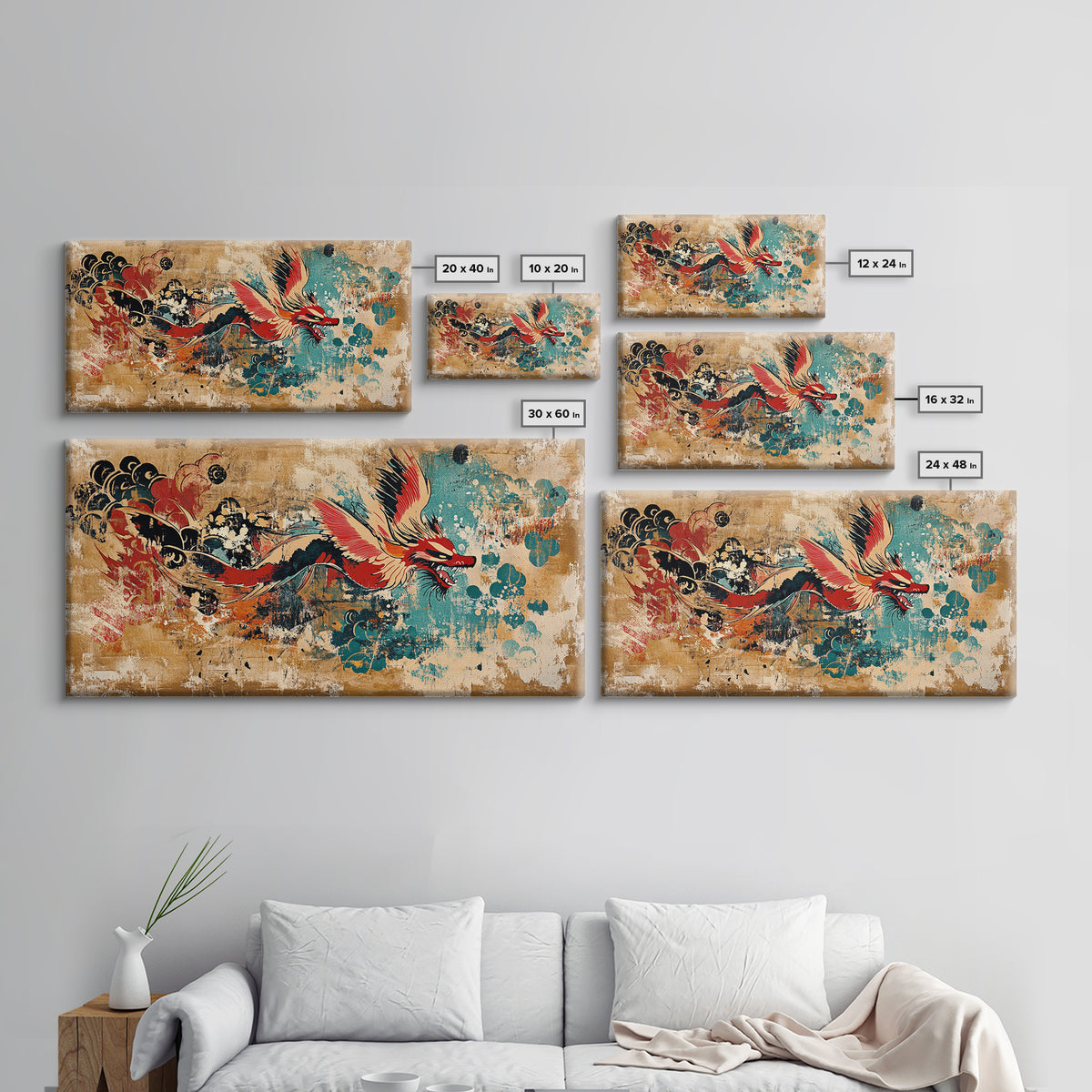 Red Asian Dragon With Teal Grunge Wall Art, Japanese Canvas Print, Fantasy Decor, Vibrant Statement Artwork Gift For Him