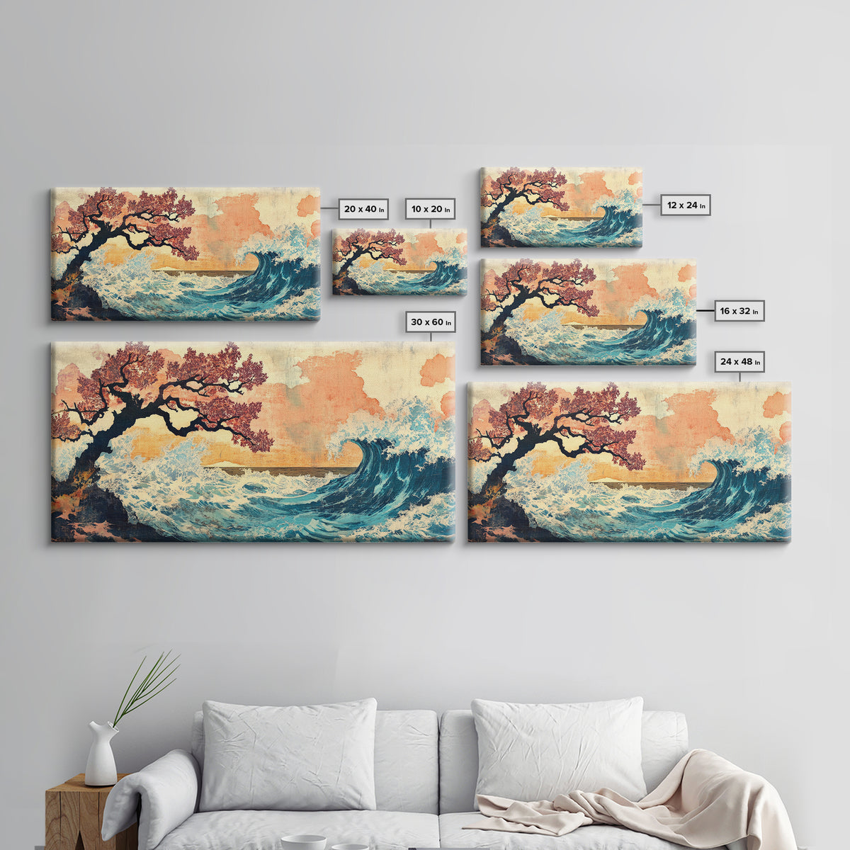 Cherry Blossom Tree And Blue Wave Framed Canvas Print, Japanese Wall Art, Coastal Decor, Serene Bedroom Wall Decor Gifts