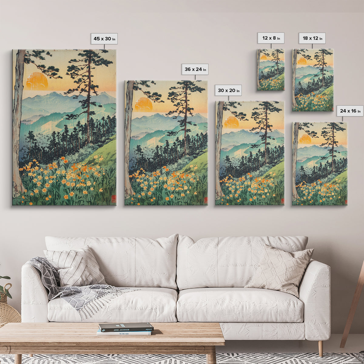 Orange Sun Mountain Forest With Wildflowers Wall Art, Japanese Woodblock Landscape Print, Nature Decor, Living Room Art Print