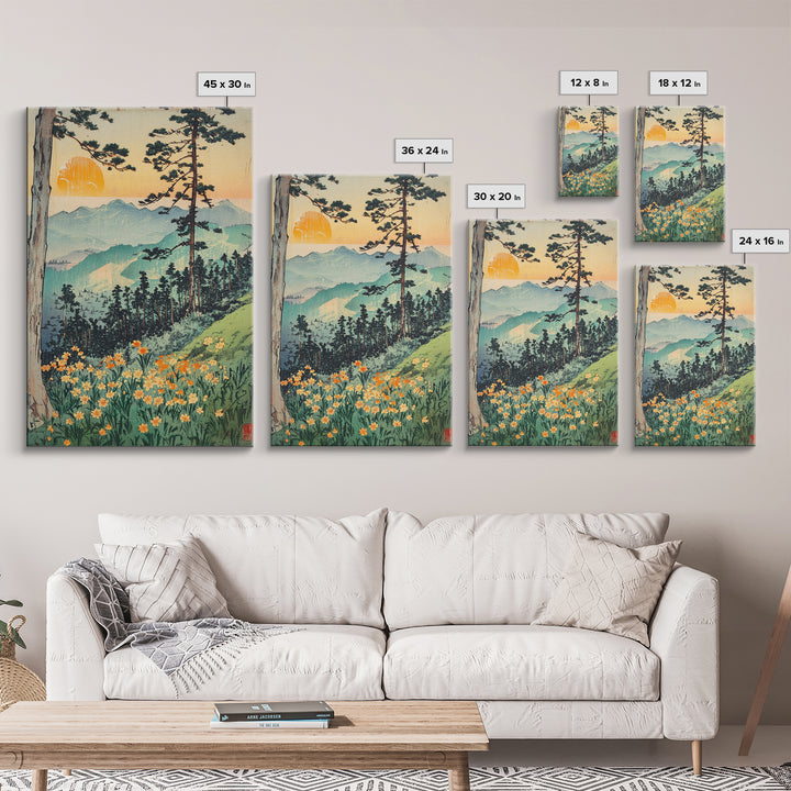 Orange Sun Mountain Forest With Wildflowers Wall Art, Japanese Woodblock Landscape Print, Nature Decor, Living Room Art Print