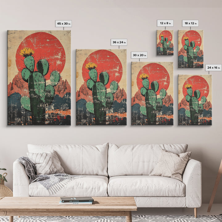Blooming Prickly Pear Cactus At Red Sun Canvas Print, Southwestern Desert Wall Decor, Boho Western Home Decor, Arizona Art, Rustic Decor