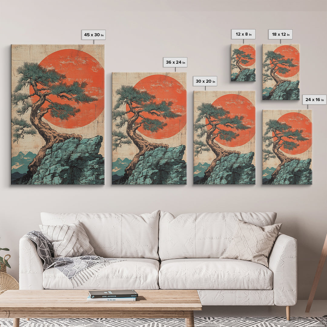 Twisted Pine Tree On Cliff With Red Sun Framed Canvas Print, Japanese Wall Art, Japandi Decor, Zen Landscape Art, Nature Home Decor
