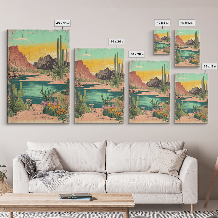 Turquoise Desert River Canyon With Saguaro Cactus Wall Art, Southwestern Landscape Print, Arizona Home Decor, Boho Decor