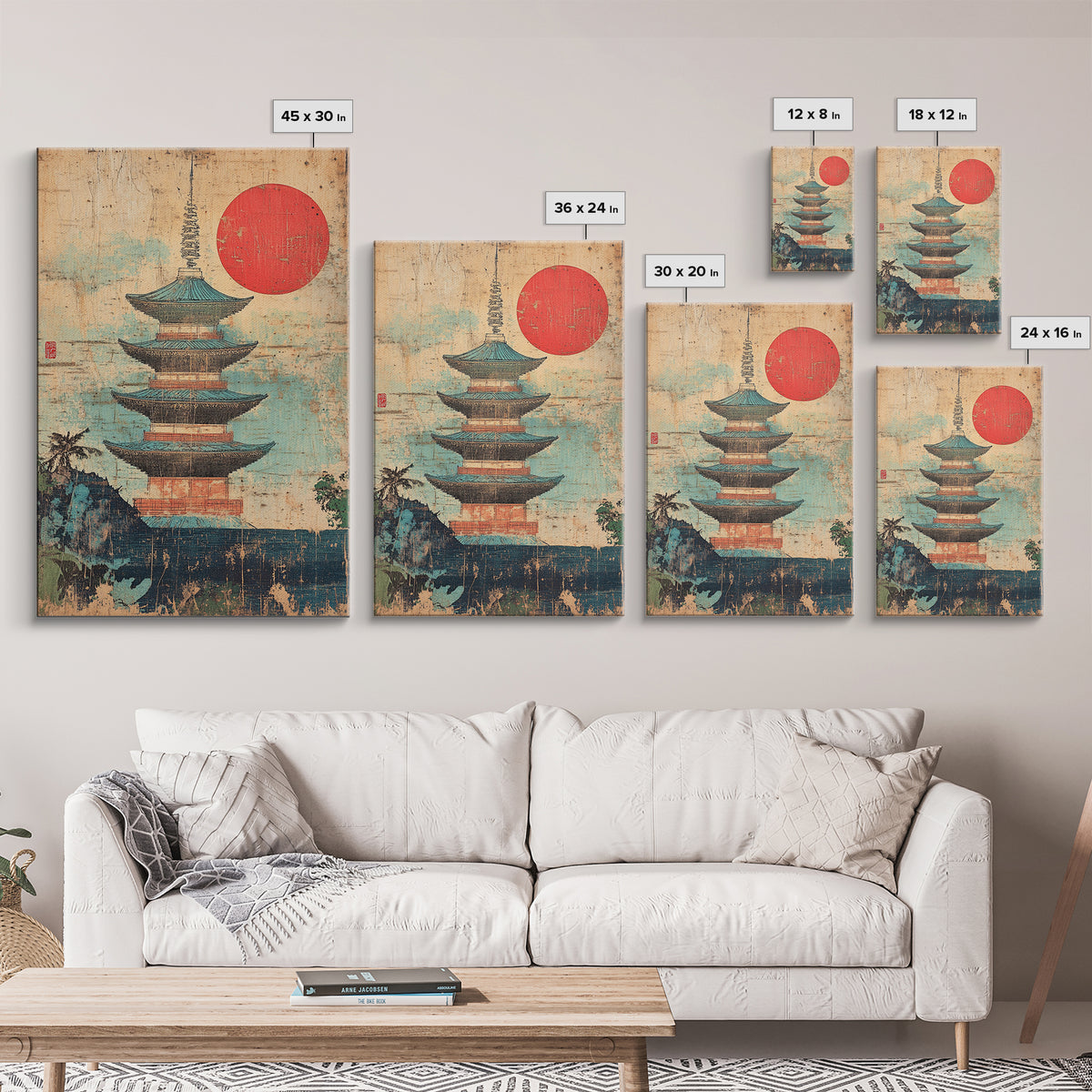 Japanese Pagoda Temple With Red Sun Framed Canvas Print, Asian Wall Art, Japandi Home Decor, Meditation Room Decor, Zen Wall Decor