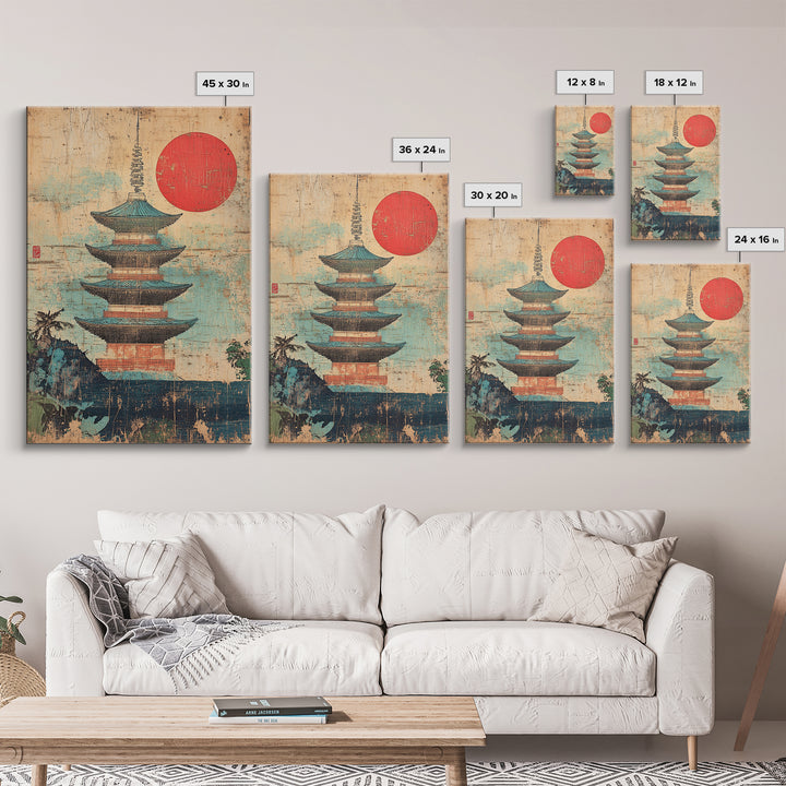 Japanese Pagoda Temple With Red Sun Framed Canvas Print, Asian Wall Art, Japandi Home Decor, Meditation Room Decor, Zen Wall Decor