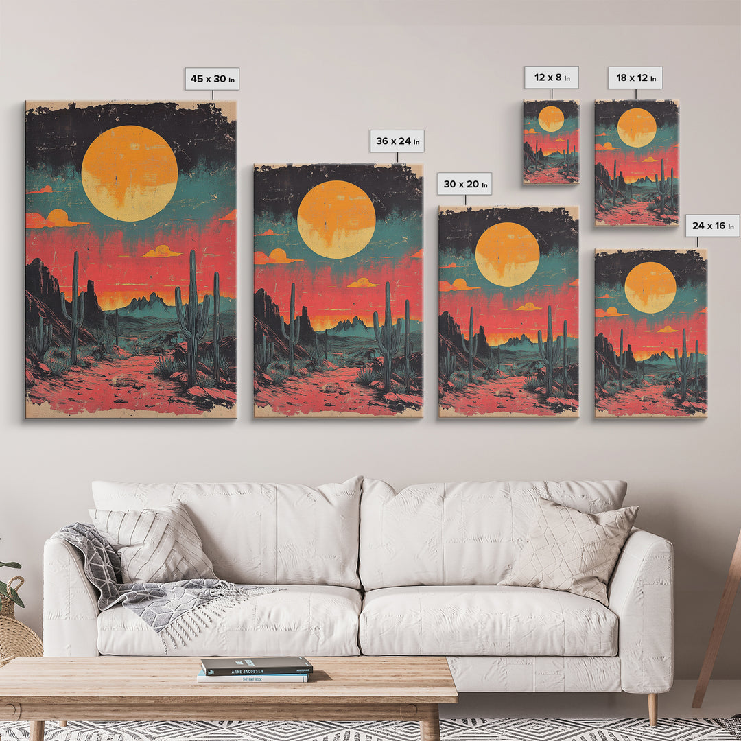 Neon Desert Sunset With Saguaro Cacti Canvas Print, Southwestern Wall Art, Retro Western Decor, Colorful Living Room Art