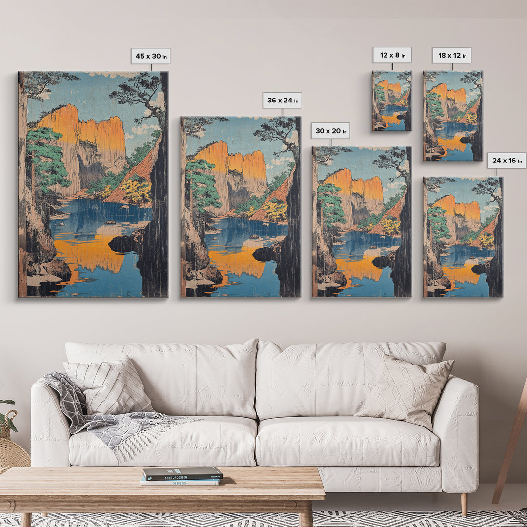 Golden Canyon River Reflection Landscape Wall Art, Japanese Woodblock Style Print, Nature Decor, Large Living Room Art Print