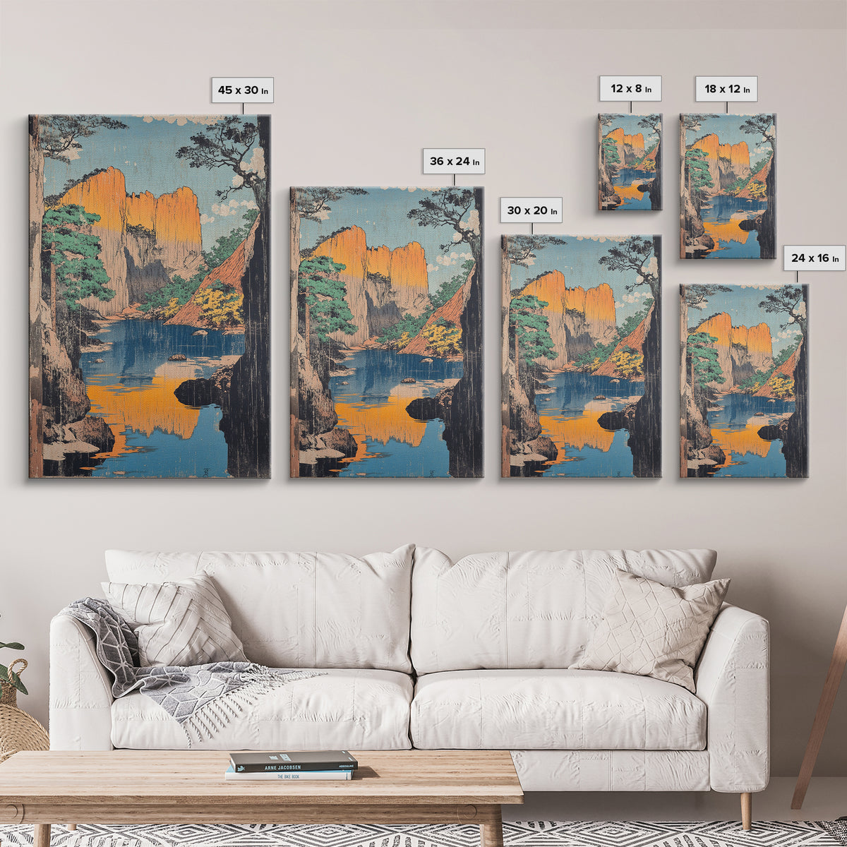 Golden Canyon River Reflection Landscape Wall Art, Japanese Woodblock Style Print, Nature Decor, Large Living Room Art Print