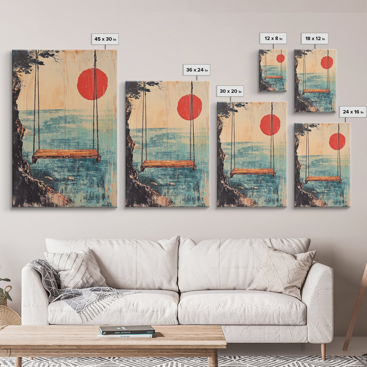 Minimal Japanese Ocean Swing Wall Art, Red Sun Coastal Print, Japandi Wall Decor, Beach House Decor, Calming Canvas Print