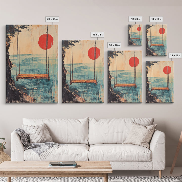 Minimal Japanese Ocean Swing Wall Art, Red Sun Coastal Print, Japandi Wall Decor, Beach House Decor, Calming Canvas Print
