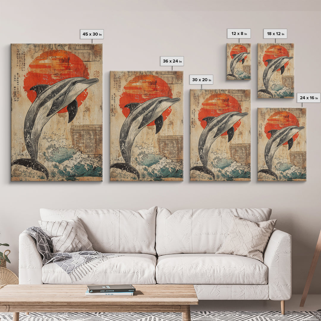 Leaping Dolphin Red Sun Wall Art, Japanese Ocean Print, Nautical Coastal Decor, Sea Life Artwork, Bathroom Canvas Print Gift