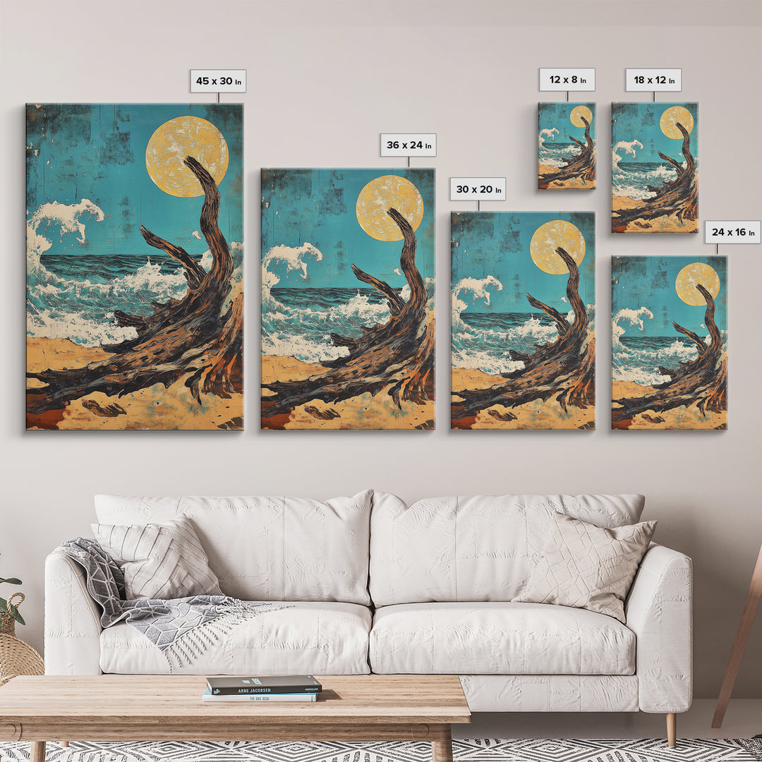 Driftwood Moonlit Ocean Waves Canvas Print, Japanese Coastal Wall Decor, Beach House Art, Teal Nautical Living Room Decor