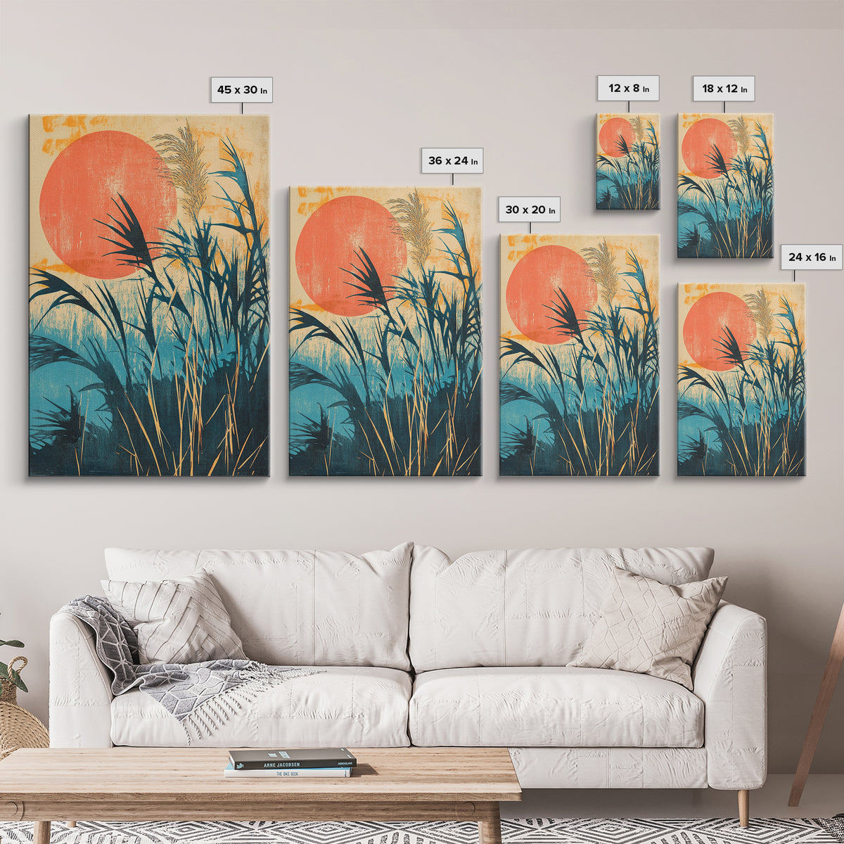 Tropical Reeds Orange Sun Canvas Print, Boho Coastal Wall Decor, Botanical Nature Art For Bedroom And Living Room Decor Gift