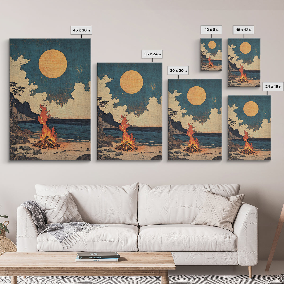 Beach Bonfire Full Moon Framed Canvas Print, Coastal Seascape Wall Art, Rustic Cabin Decor, Nautical Living Room Print Gift