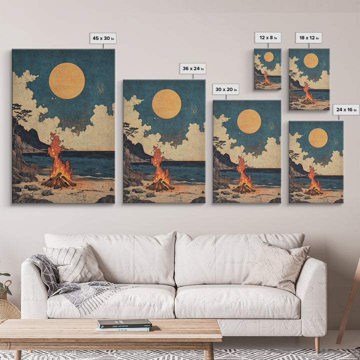 Beach Bonfire Full Moon Framed Canvas Print, Coastal Seascape Wall Art, Rustic Cabin Decor, Nautical Living Room Print Gift