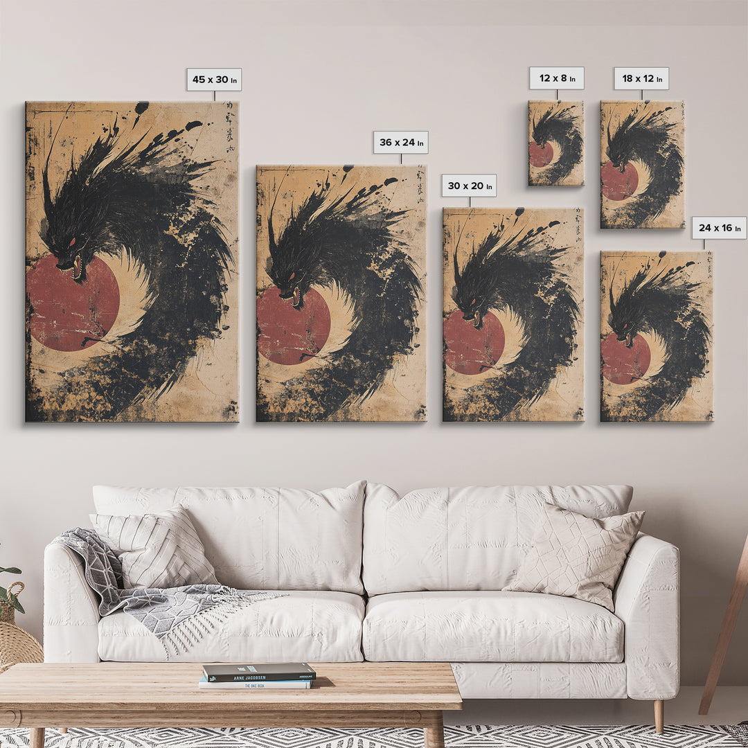 Black Ink Dragon Red Sun Canvas Print, Dark Japanese Wall Art, Fantasy Gothic Decor, Samurai Inspired Statement Artwork Print