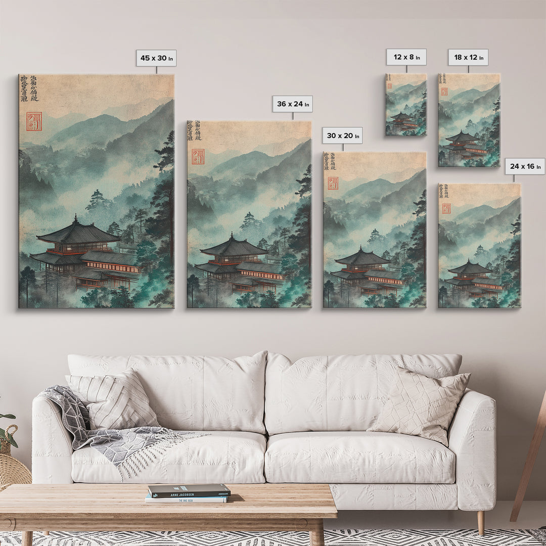 Misty Japanese Temple In Teal Mountains Wall Art, Asian Landscape Print, Japandi Decor, Zen Home Decor, Living Room Wall Art