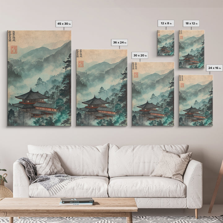 Misty Japanese Temple In Teal Mountains Wall Art, Asian Landscape Print, Japandi Decor, Zen Home Decor, Living Room Wall Art