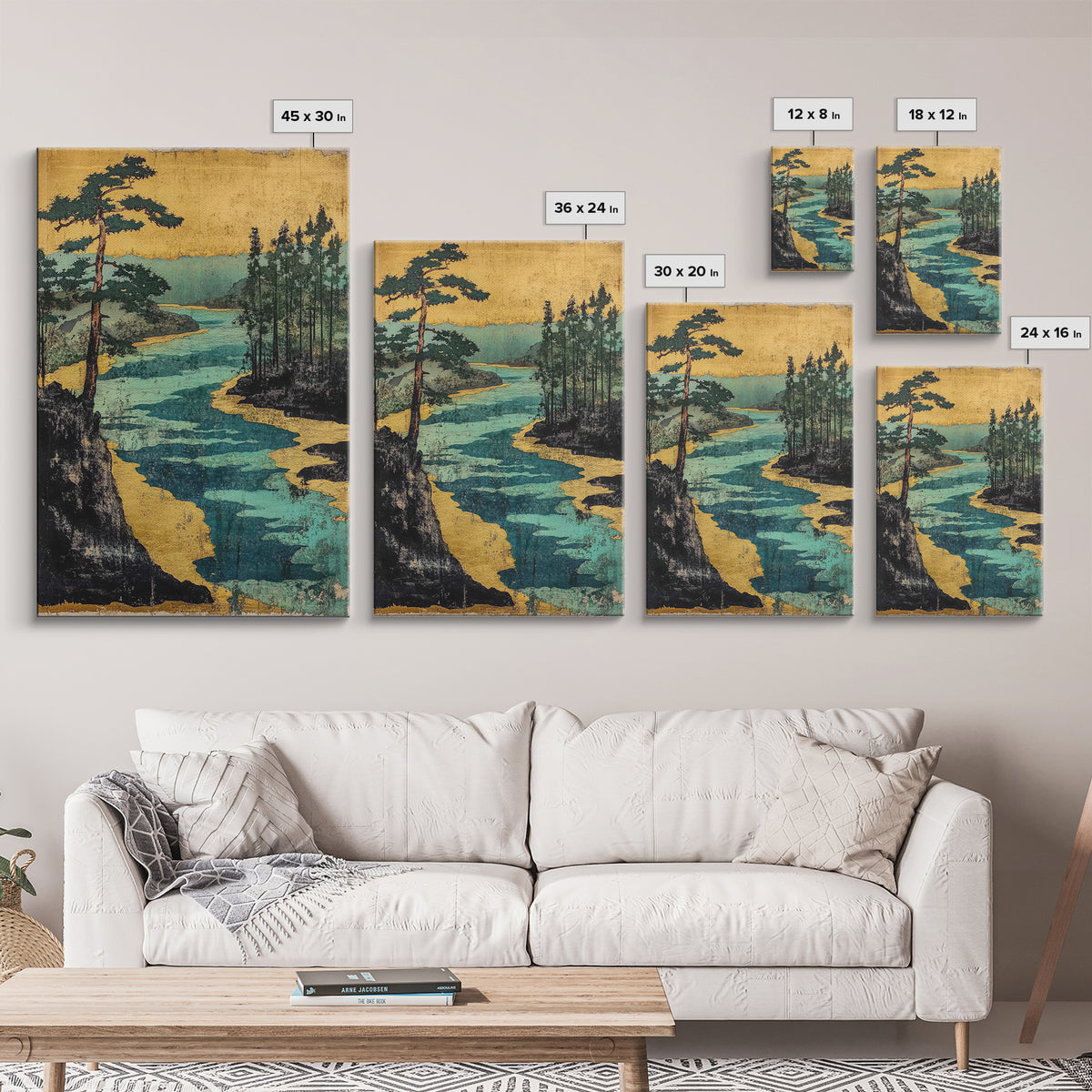 Gold River And Pine Forest Canvas Print, Japanese Landscape Art, Asian Wall Decor, Japandi Style Art, Serene Living Room Decor