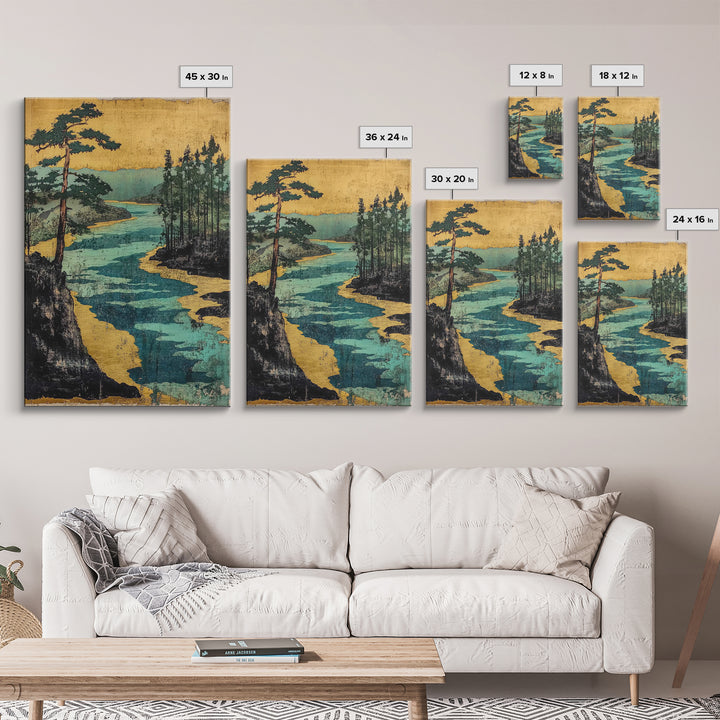 Gold River And Pine Forest Canvas Print, Japanese Landscape Art, Asian Wall Decor, Japandi Style Art, Serene Living Room Decor