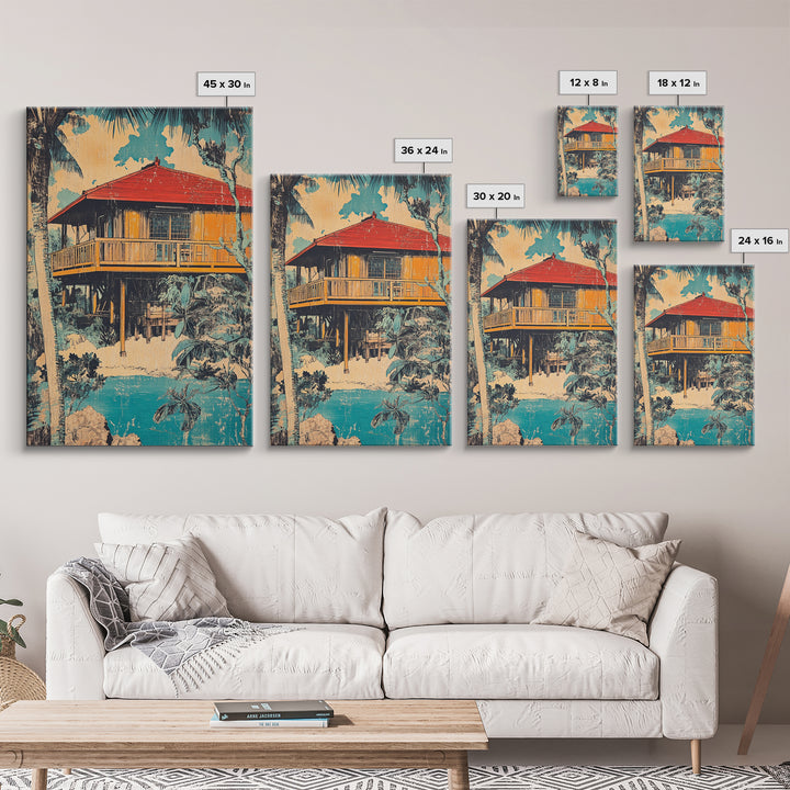 Tropical Stilt Beach House Canvas Print, Coastal Wall Art, Palm Tree Decor, Beach House Art, Summer Home Decor, Large Wall Art