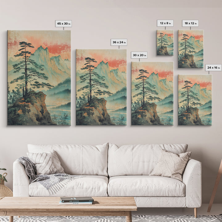 Misty Pine Cliff And Mountain Lake Wall Art, Japanese Landscape Print, Nature Wall Art, Serene Wall Art, Japandi Home Decor